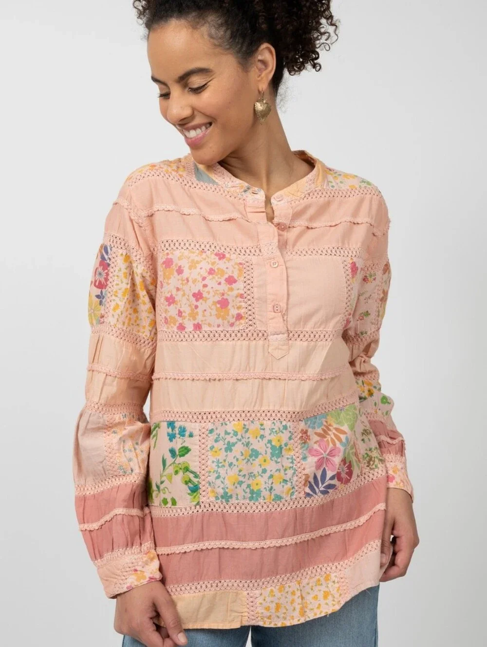 IVY JANE PATCHWORK PATTERNED Cottagecore Boho TOP IN PINK Sz L